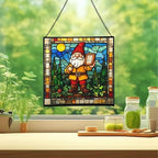Gnome with rain Gauge Stained Glass Suncatcher – Square Hanging Window Panel for Home, Garden, Nursery, Halloween, Christmas, Memorial Day – Whimsical Glass Art Gift for Gnome Lovers pcwylf - Image 2