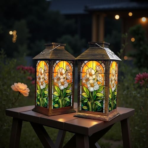 Solar Lantern Outdoor Garden Hanging Lantern Stained Glass Artwork White Flowers Green Leaves Warm Sunset Waterproof Solar Powered Lighting Outside Table Lamp for Patio Deck Yard Camping - Image 6