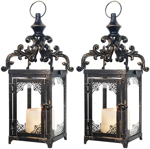 NEEDOMO Set of 2 Lanterns Decorative Indoor Hanging Lantern Outdoor,Vintage Metal Tabletop Decor Lantern for Patio Rustic Home, Candle Holders with Clear Glass, Home Kitchen Coffee Table Livinig Room by NEEDOMO-LightUpYourSpace