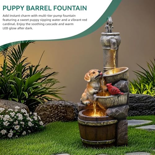 30" Puppy & Red Bird Outdoor Fountain, 3-Tier Pastoral Water Feature with LED Lights, Resin Two Bowls & Wooden Barrel Soothing Cascading Waterfall for Patio, Backyard, Garden - Image 4