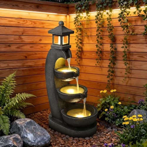 35'' Outdoor Japanese Stone Lantern Water Fountain with LED Lights,Garden Tranquil Pagoda Waterfalls Fountains Bowl for Patio Yard Porch Landscape by Unknown