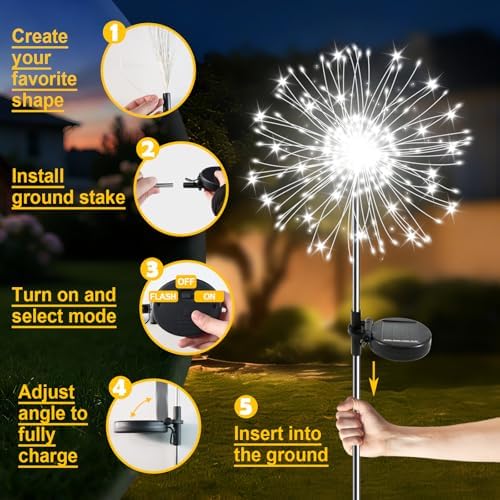Solar Garden Lights Outdoor, 6 Pack 120 LED Twinkling Firework Lights Decorative with 2 Modes, Outdoor Waterproof Solar Starburst Light for Yard Pathway Planter Patio Decor, White - Image 6