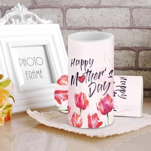 Happy Mother's Day Decor Flameless Candles Set of 2 Battery Operated with Timer Remote Control LED Pillar Candles Pink Tulips Flower Gifts for Mom - Image 3