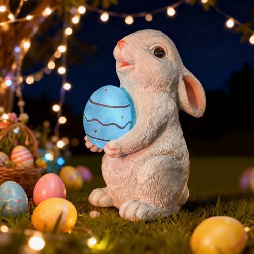 Solar Easter Rabbit Garden Statues Outdoor Easter Decorations Resin Bunny Figurine with Egg Changing LED Lights for Porch Patio Lawn Yard Gardening Gifts for Mom Grandma by WONDHOME