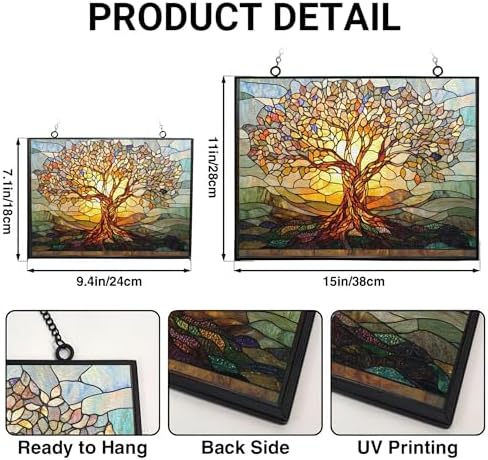 Retangle Art Nouveau Tree of Life Stained Glass Window Hanging Window Suncatcher Glass Panel with Metal Chain Sun Catchers Wall Art Home Decor Gift for Women Mother's Day - Image 3