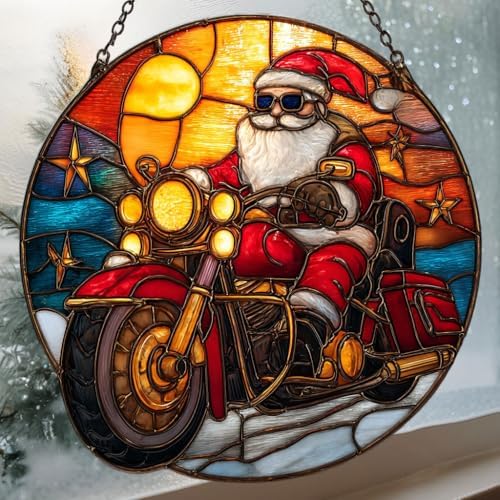Cool Retro Santa Riding Motorcycle Mosaic Acrylic Suncatcher - Image 3