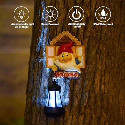 Goodeco Gnome Tree Hugger with Solar Lantern - 10.6" Tree Face Garden Decor - Image 3