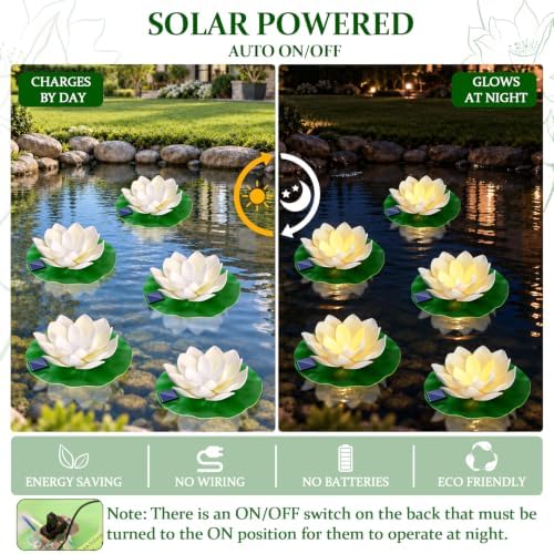 6 PCS Floating Lotus Flower Solar Pool Lights with Lily Pads - 7.09'' Large Realistic Floating Foam Lotus Flowers Solar Lily Lights for Pond Fountain Garden Wedding Pool Party Decor - Image 4