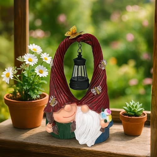 Couple Gnome Decor with Solar Light Lantern Lamp Garden Statue Outdoor Figurine for Yard Patio Unique Perfect Gnomes Gifts for Women Mom Grandma Valentines Decorations - Image 4