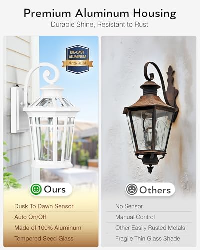 Dawn to Dusk Outdoor Light Fixture, White Front Porch Lights Wall Mount, Exterior Sconce Light with E26 Socket, Anti-Rust Coach Lights for Garage, Waterproof Outdoor Lighting for House, Patio - Image 4