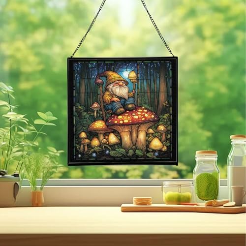 Garden Toad Gnome Stained Glass Suncatcher – Square Hanging Window Panel for Home or Greenhouse – Whimsical Glass Art Gift for Garden Lovers, Christmas, Halloween, Father Days ztAlXH - Image 2