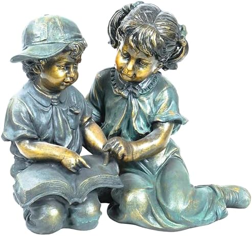 Alpine Corporation GXT258A Outdoor Finely Sculpted Boy and Girl Reading Book Garden Statue, 19"H, Bronze by Unknown