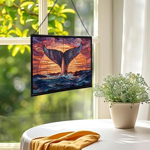 Whale Tail Splashes Under Sunset Sky Rectangular Stained Glass Suncatcher – Hanging Window Panel with Animal & Nature Scene – Vibrant Glass Art Gift for Wildlife, Fantasy, Nature Lovers wwsLLc - Image 2