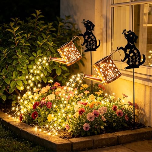Solar Watering Can With Metal Dog Statue Stake For Garden Decoration by ZYLiWoo
