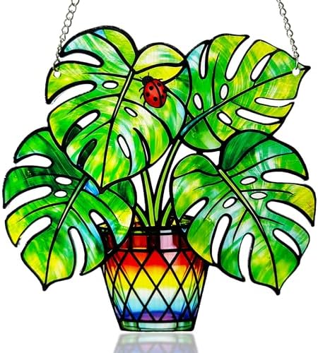 Plant Suncatcher Glass, Stained Glass Suncatcher Plant Window Hanging, Unique Nature Lover Gifts Leaf (Monstera) by StainedGlassArtware