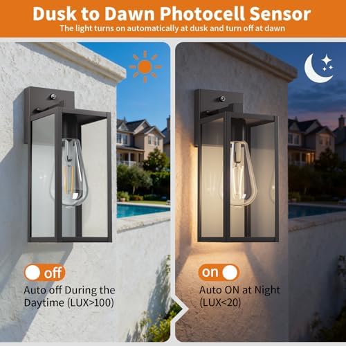 13'' Dusk to Dawn Outdoor Porch Lighting Fixtures Wall Mount, Sensor Exterior Wall Light for House, Ouside Lantern Lamp, Waterproof Wall Sconce Lights, Black Metal Coach Light for Garage Entryway - Image 2
