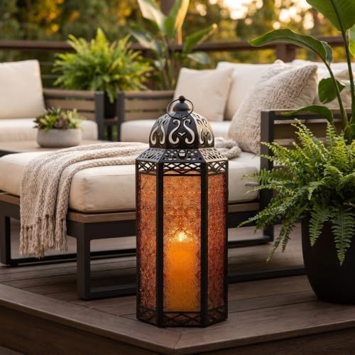 Vela Lanterns Decorative Indoor Candle Holder Table Centerpieces - Moroccan Hanging Outdoor Patio & Porch Home Decor, Turkish Floor Lamp for Wedding, Ramadan, Halloween (Extra Large 16", Amber Glass) - Image 6