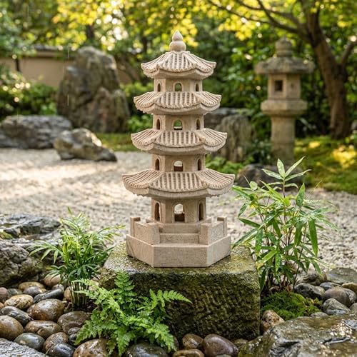 Pagoda Garden Statue Solar Powered Pagoda Lantern Resin Outdoor Zen Japanese Garden Decor for Balcony, Patio, Porch, Yard 11.4x4.7x4.7 inch Khaki - Image 2