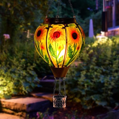 Starsoul 2 PC Sunflowers Hot Air Balloon Solar Lantern with Flame Glass Hanging Outdoor Hot Air Balloon Solar Light Waterproof Garden Patio Yard Party Decorations - Image 6