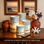 Flickering Flameless Candles 4 Pieces Set, LED Pillar Candles with Timer Battery Operated Tea Lights for Coastal Decor, Beach Starfish with Blue Wood Grain - Image 5