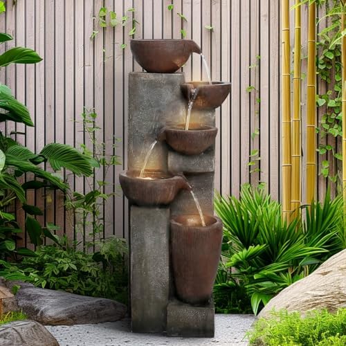 SunJet 5-Tier Cascading Indoor/Outdoor Water Fountain with LED Lights - 39.7" High Large Waterfall Floor Standing Fountain for Garden, Patio, Yard, and Deck Decor - Relaxing Outdoor Water Feature by SunJet