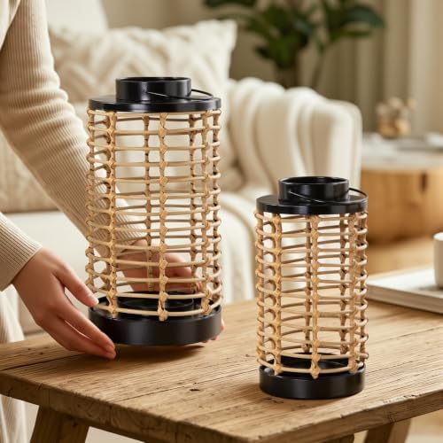 Rattan Lanterns Decorative Indoor 2p, Cylindrical Handmade Candle Lantern - Image 3