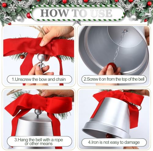 MorningRo 8 Pcs 8+6.5in Silver Giant Bells Extra Large Christmas Bells for Outside Decor for Xmas Tree Doors Firepalces Unique for Large Xmas Bell Ornaments Garland Indoor Outdoor - Image 3