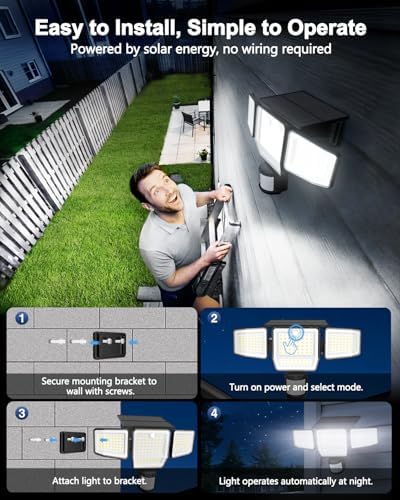 6000LM Solar Lights Outdoor, 4 Heads Motion Sensor Outdoor Lights, Solar Flood Lights for Yard House Outside Garage, IP65 Waterproof, 3 Modes, Easy Install, 3 Pack - Image 2