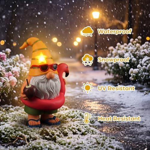 Lavezee Garden Gnome Statue Outdoor Decor, Solar Gnomes with Flamingo Figurine for Garden, Patio, Yard Decor, Summer Pool Party - Image 7