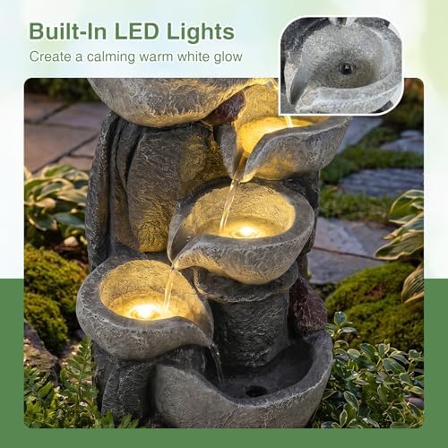Giantex 5-Tier Outdoor Water Fountain with Lights, 17.5 Inch Cascading Bowls Tabletop Waterfall Fountain with Pump, Resin Garden Water Feature for Indoor Outdoor Patio, Yard, Porch Decor - Image 3