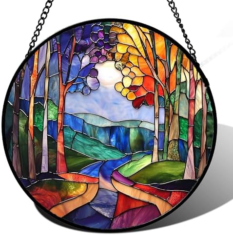 Colorful Forest Tree Stained Glass Window Hanging Suncatcher Gifts 15" by DASTOLL
