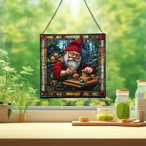 Gnome with Wooden Toys Stained Glass Suncatcher – Square Hanging Window Panel for Home, Garden, Nursery, Halloween, Christmas, Memorial Day – Whimsical Glass Art Gift for Gnome Lovers u59o41 - Image 2