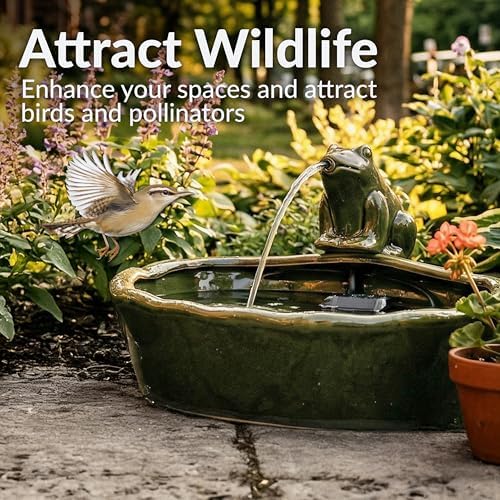 Sunnydaze 7" Ceramic Solar Powered Garden Water Fountain, Frog Spout, Green - Image 5