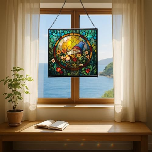 Floating Bubble Nest Gnome Stained Glass Suncatcher – Square Hanging Window Panel for Home or Greenhouse – Whimsical Glass Art Gift for Garden Lovers, Christmas, Halloween, Father Days PdPnfS - Image 6