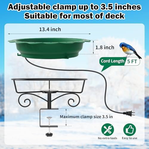 Heated Bird Bath for Deck Railing, 100W Heated Birdbath for Outdoors, Green - Image 5