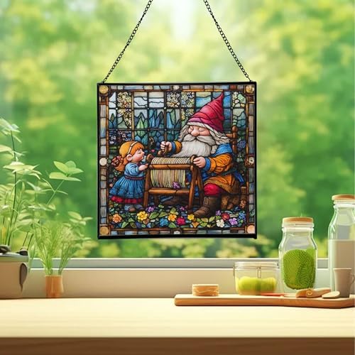 Gnome Weaving Stained Glass Suncatcher – Square Hanging Window Panel for Home, Garden, Nursery, Halloween, Christmas, Memorial Day – Whimsical Glass Art Gift for Gnome Lovers y86pad - Image 2