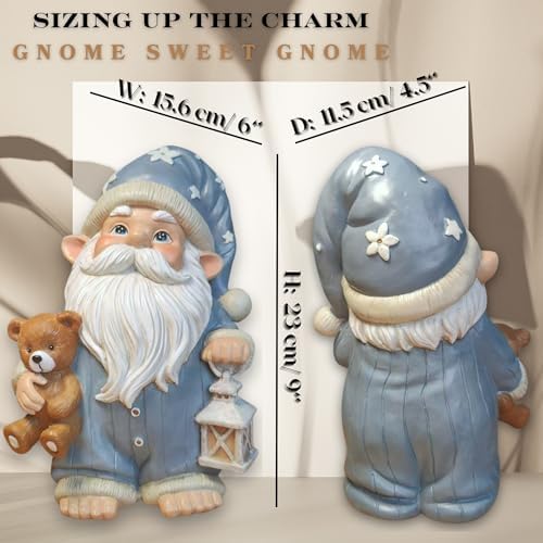 Sleepy Garden Gnome with Teddy Bear & Lantern - 9" Weatherproof Resin Statue - Indoor Outdoor Decor - Whimsical for Home, Patio & Lawn - Image 2