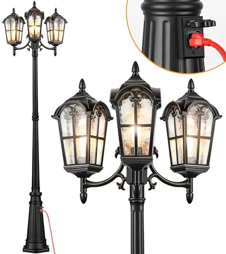 VIANIS 3-Head Outdoor Lamp Post Light Fixture with Outlet, Black Dusk Dawn Lamp Posts Outdoor Lighting, Waterproof Anti-Rust Aluminum with Tempered Glass, Street Light for Garden, Patio, Driveway by VIANISLIGHTING