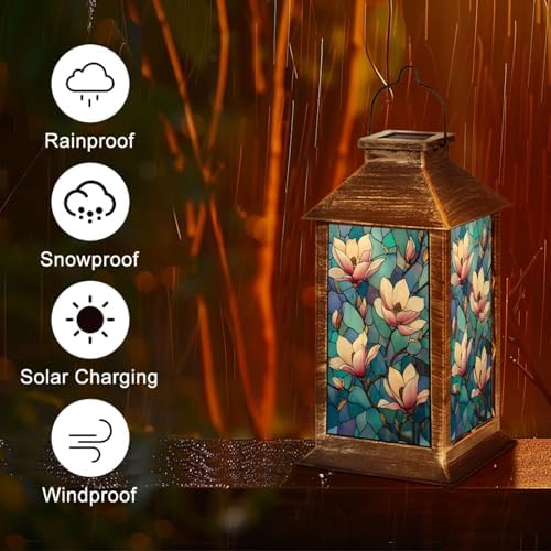 Solar Lantern Magnolia Flowers Stained Glass Style Blue Mosaic Outdoor Waterproof Hanging Solar Light Outside Lights for Patio Yard House Lawn Decor Birthday Gifts for Women Mom - Image 5