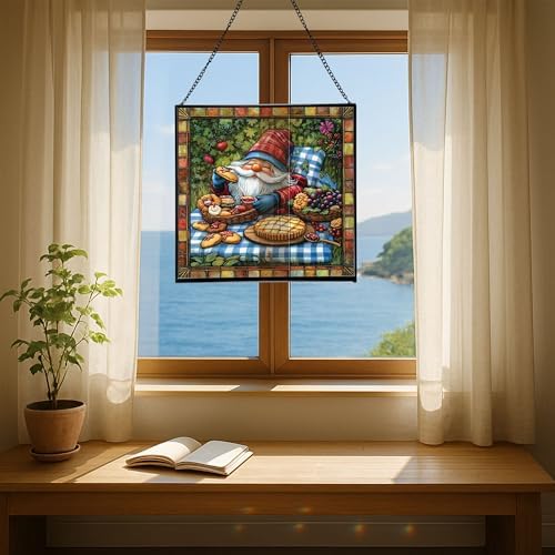 Baking Gnome Picnic Stained Glass Suncatcher – Square Hanging Window Panel for Home or Greenhouse – Whimsical Glass Art Gift for Garden Lovers, Christmas, Halloween, Father Days qiiejq - Image 6