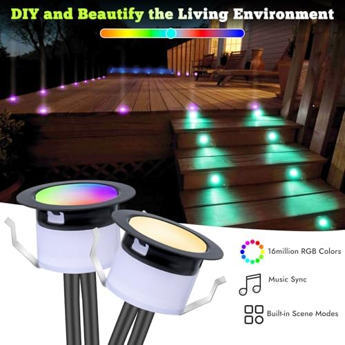 FVTLED LED Deck Lights Kit, 6pcs Φ1.22 WiFi Smart Phone Control Low Voltage Recessed RGBW Deck Lighting Waterproof Outdoor Yard Path Stair Decor, Black - Image 2