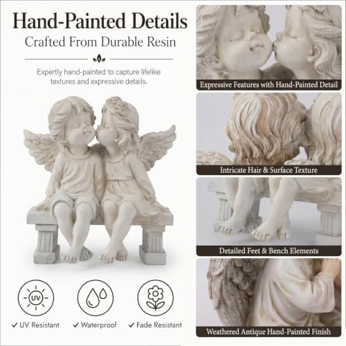 Kissing Angels Garden Statue Outdoor Decor, Cute Vintage Cherub Couple on Bench Resin Sculpture, Weather-Resistant Yard Art for Patio, Lawn, Memorial Garden Gifts for Women (Stone) - Image 5