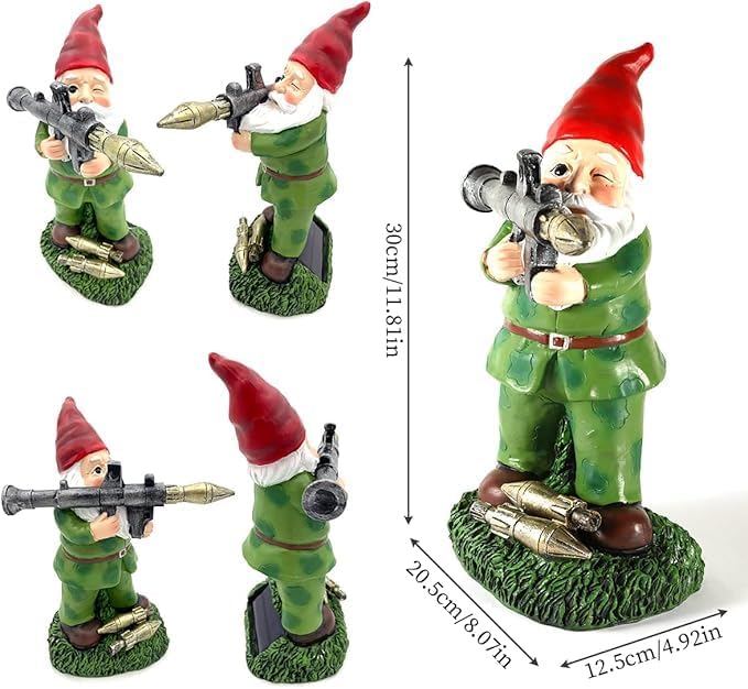 Large Garden Gnome Statue with Guns, Solar Military Army Soldier Guardian Hunter Gnome Garden Decoration Figurine Lights Porch Decor Valentine's Day Men Gift Scale War Combat Guards Patriotic Dwarves - Image 2