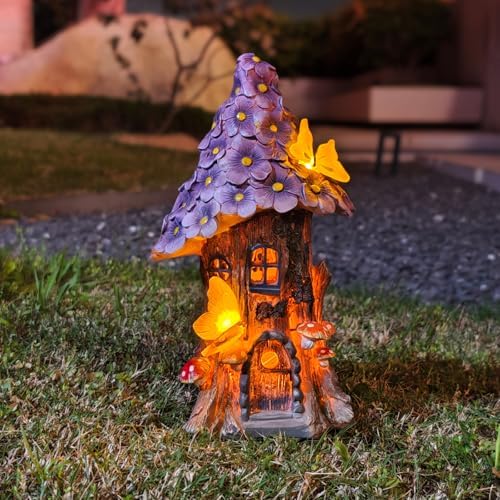 COWOS Mushroom House Statue, Garden Decor Outdoor Solar Statues, Solar Garden Statue Lights, Fairy Garden Decorations, Mushroom Fairy House Figurine with Butterflies and Flowers for Yard Decor by COWOS