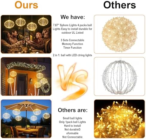 led String Lights Outdoor, 2 Pack, 8in Globe,162 LEDs Expandable Hanging Ball Lights with 8 Modes,Timer,IP65 Waterproof Connectable for Porch, Yard,Roof Indoor Home Decor Warm White - Image 5