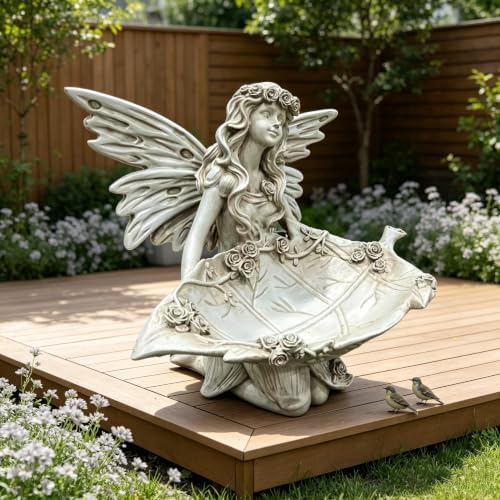 12.80" Garden Fairy Figurine, Resin Angel Bird Feeder Statue with Leaf Tray - Image 3