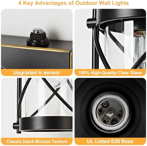 Dusk to Dawn Outdoor Wall Lights Fixtures, Waterproof Exterior Lighting with Photocell Sensor, Vintage Black with Gold Trim Metal Cage Lantern, Outside Lights for House Porch Patio Garage, 2 Pack - Image 4