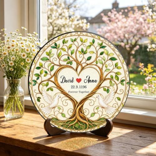 Personalized Anniversary Stained Glass Suncatcher, Tree of Life Couple Window Hanging Decor, Custom Anniversary Wedding Gift for Wife Husband Couple Keepsakes Love Birds Home Decor Bride Groom 11.81" - Image 7