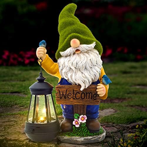 Olekki Christmas Garden Gnomes Outdoor - Flocked Gnome Statue Holding Lantern with Solar LED Lights | Gnomes Garden Decorations for Patio, Yard, Lawn Ornaments - Gnome Gifts by Olekki