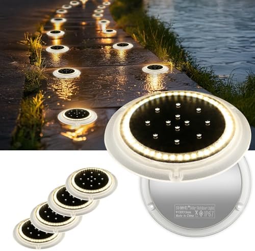 SHONELIGHTING Solar Ground Lights, 48 LEDs Deck Disc, Warm White, 6Pk by SHONELIGHTING